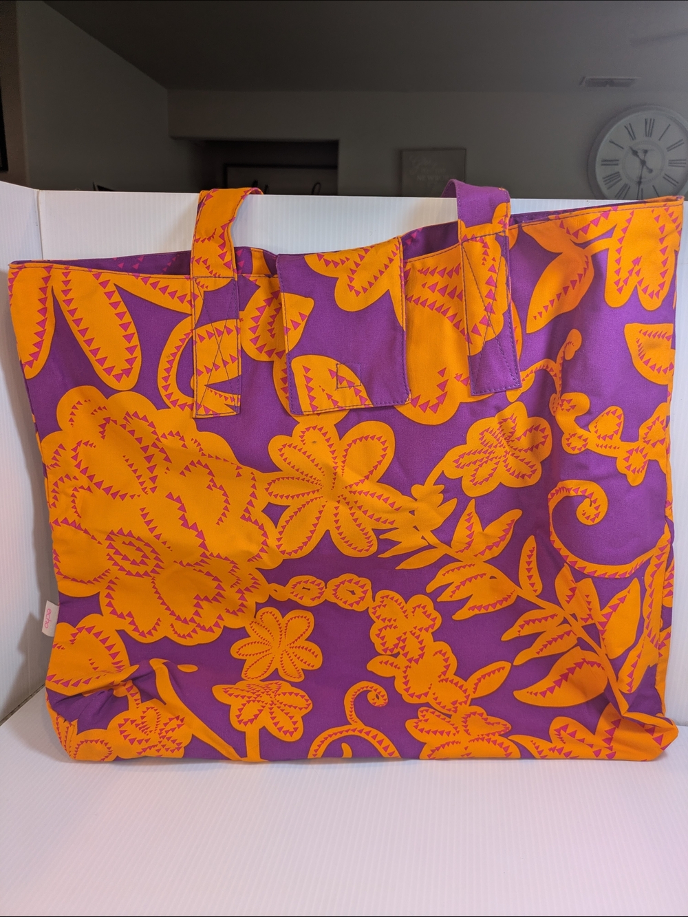 Echo Design Oversized Floral Canvas Tote Bag Purple Orange Boho Beach Shopper - Picture 2 of 11